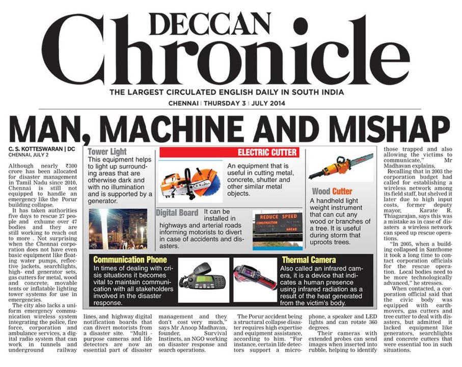 Survival Instincts Founder Anoop Madhavan Discusses Disaster Response Technology in Deccan Chronicle Quotes Report