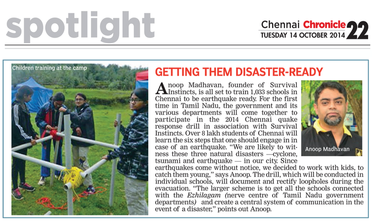 Deccan Chronicle Covers Anoop Madhavan's Survival Instincts Disaster Safety Training for Students.